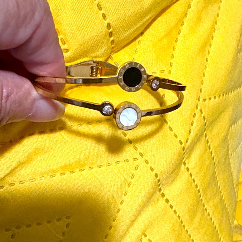 Gold-Tone Double Circle Bangle with Black and White Stones